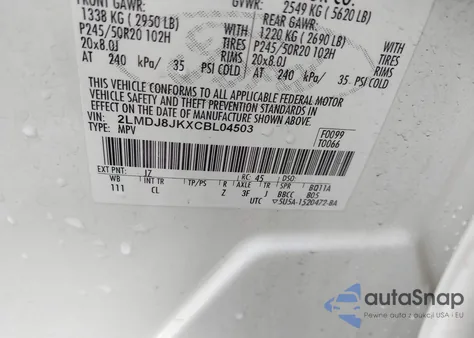 2012 Lincoln Mkx z USA, uszkodzony, nr VIN 2LMDJ8JKXCBL04503